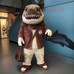 Brown Megalodon mascot costume character dressed with Henley Tee and Shawl pins