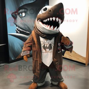 Brown Megalodon mascot costume character dressed with Henley Tee and Shawl pins