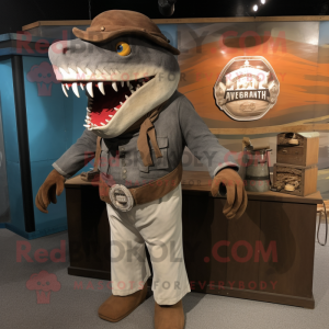 Brown Megalodon mascot costume character dressed with Henley Tee and Shawl pins