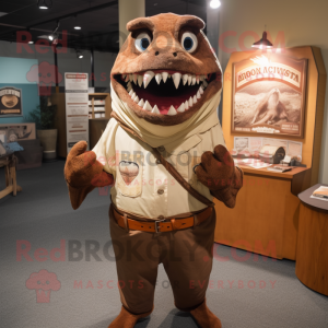 Brown Megalodon mascot costume character dressed with Henley Tee and Shawl pins