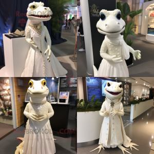 Cream Lizard mascot costume character dressed with Wedding Dress and Keychains