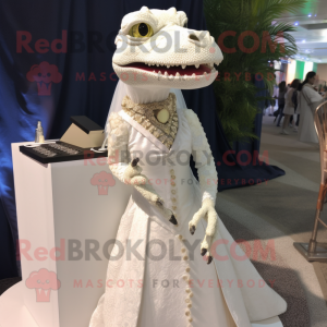 Cream Lizard mascot costume character dressed with Wedding Dress and Keychains