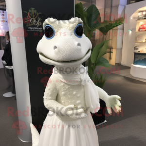 Cream Lizard mascot costume character dressed with Wedding Dress and Keychains