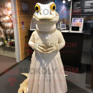 Cream Lizard mascot costume character dressed with Wedding Dress and Keychains
