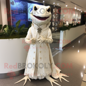 Cream Lizard mascot costume character dressed with Wedding Dress and Keychains