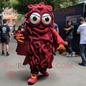 Maroon Fried Calamari mascot costume character dressed with Joggers and Wraps