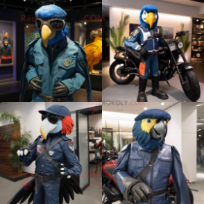 Navy Macaw mascot costume character dressed with Moto Jacket and Caps