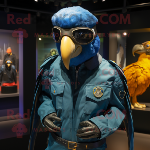 Navy Macaw mascot costume character dressed with Moto Jacket and Caps