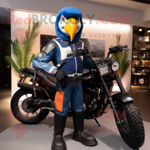 Navy Macaw mascot costume character dressed with Moto Jacket and Caps