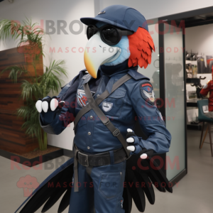 Navy Macaw mascot costume character dressed with Moto Jacket and Caps