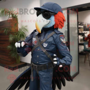 Navy Macaw mascot costume character dressed with Moto Jacket and Caps