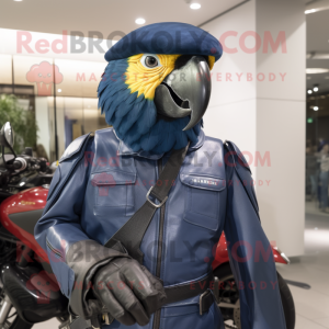 Navy Macaw mascot costume character dressed with Moto Jacket and Caps