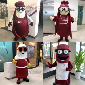 Maroon Steak mascot costume character dressed with Wrap Dress and Eyeglasses