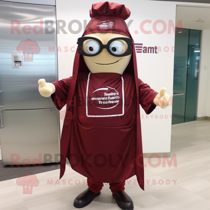 Maroon Steak mascot costume character dressed with Wrap Dress and Eyeglasses