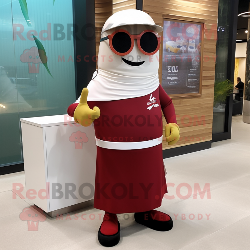 Maroon Steak mascot costume character dressed with Wrap Dress and Eyeglasses