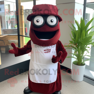 Maroon Steak mascot costume character dressed with Wrap Dress and Eyeglasses