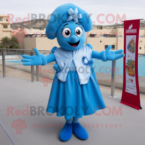 Sky Blue Paella mascot costume character dressed with Mini Skirt and Ties