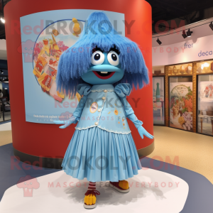 Sky Blue Paella mascot costume character dressed with Mini Skirt and Ties