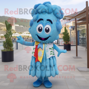 Sky Blue Paella mascot costume character dressed with Mini Skirt and Ties