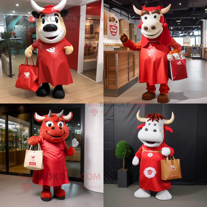 Red Steak mascot costume character dressed with Midi Dress and Tote bags