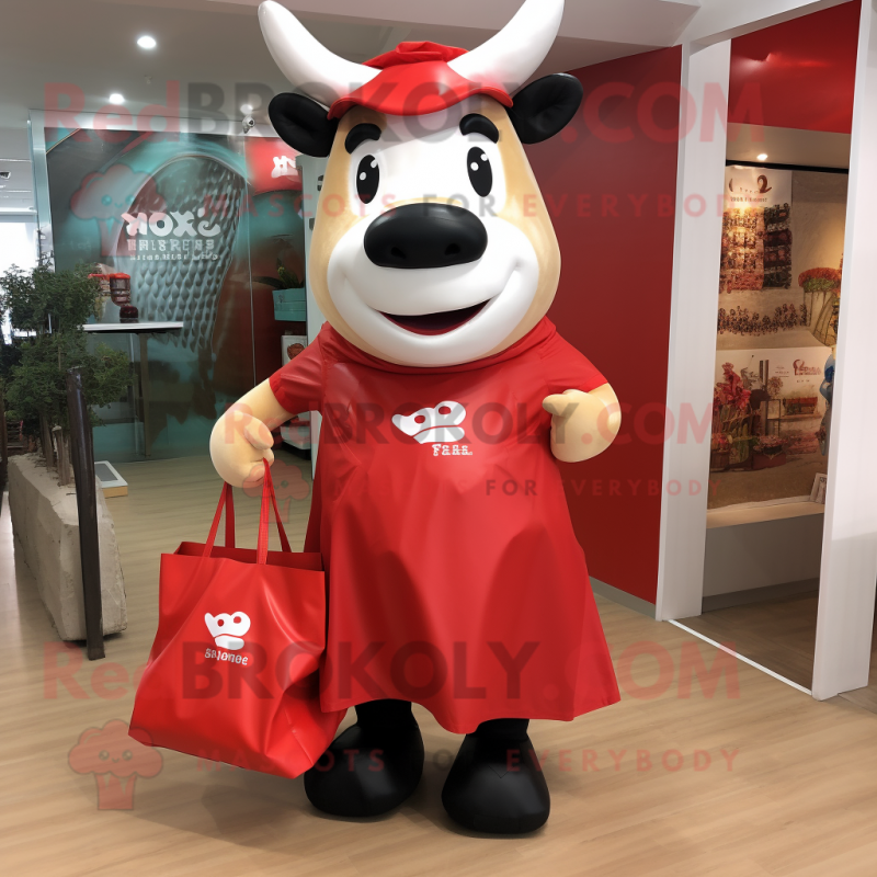 Red Steak mascot costume character dressed with Midi Dress and Tote bags Red Steak mascot costume character dressed with Midi Dress and Tote bags