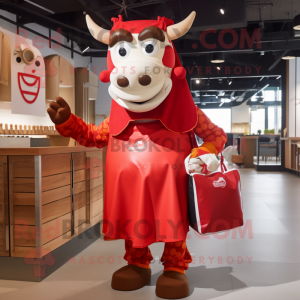 Red Steak mascot costume character dressed with Midi Dress and Tote bags