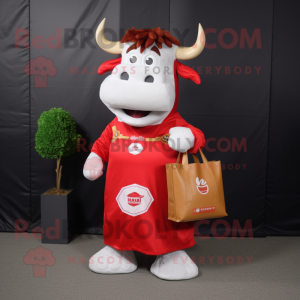 Red Steak mascot costume character dressed with Midi Dress and Tote bags