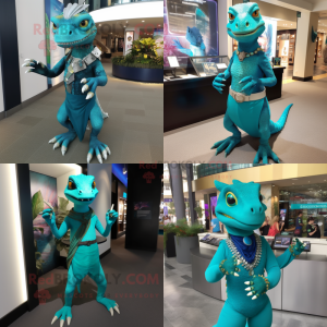 Teal Lizard mascot costume character dressed with Sheath Dress and Bracelets