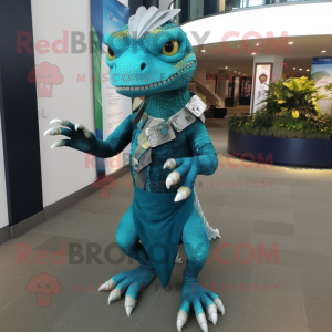 Teal Lizard mascot costume character dressed with Sheath Dress and Bracelets