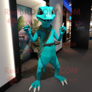 Teal Lizard mascot costume character dressed with Sheath Dress and Bracelets