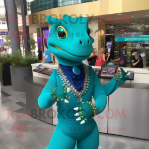 Teal Lizard mascot costume character dressed with Sheath Dress and Bracelets