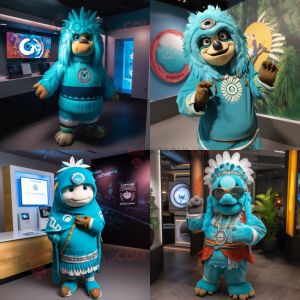 Turquoise Chief mascot costume character dressed with Sweatshirt and Watches