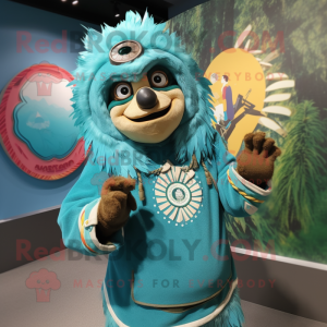 Turquoise Chief mascot costume character dressed with Sweatshirt and Watches