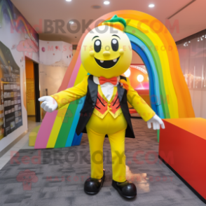 Yellow Rainbow mascot costume character dressed with Blazer and Bow ties