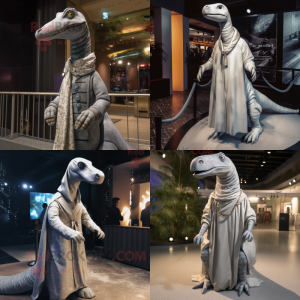 Silver Diplodocus mascot costume character dressed with Coat and Shawl pins