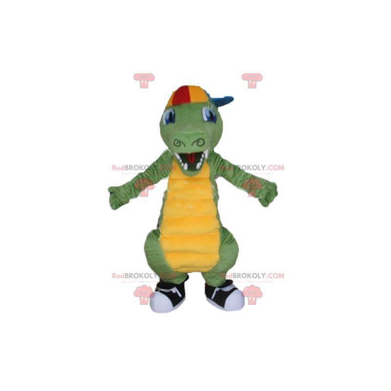 Mascote crocodilo verde e amarelo com boné - Redbrokoly.com