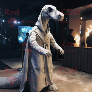 Silver Diplodocus mascot costume character dressed with Coat and Shawl pins