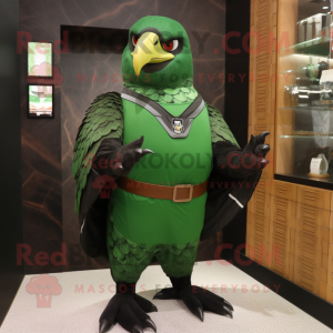 Forest Green Falcon mascot costume character dressed with Rash Guard and Clutch bags