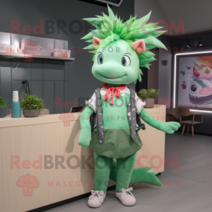 Green Axolotls mascot costume character dressed with Sweatshirt and Hair clips