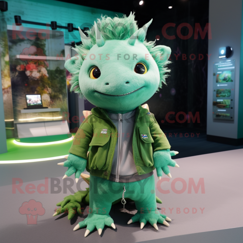 Green Axolotls mascot costume character dressed with Sweatshirt and Hair clips