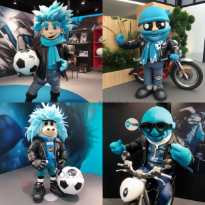 Cyan Rugby ball mascot costume character dressed with Biker Jacket and Scarf clips