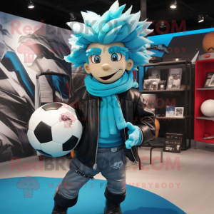 Cyan Rugby ball mascot costume character dressed with Biker Jacket and Scarf clips