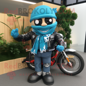 Cyan Rugby ball mascot costume character dressed with Biker Jacket and Scarf clips