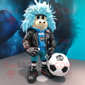 Cyan Rugby ball mascot costume character dressed with Biker Jacket and Scarf clips