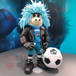 Cyan Rugby ball mascot costume character dressed with Biker Jacket and Scarf clips