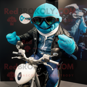 Cyan Rugby ball mascot costume character dressed with Biker Jacket and Scarf clips