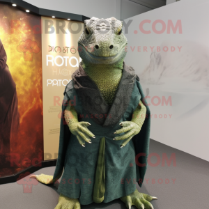 Forest Green Komodo Dragon mascot costume character dressed with Vest and Shawls