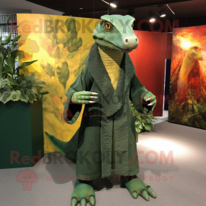 Forest Green Komodo Dragon mascot costume character dressed with Vest and Shawls