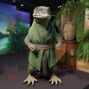 Forest Green Komodo Dragon mascot costume character dressed with Vest and Shawls