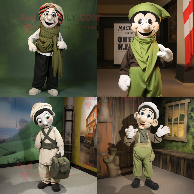 Olive Mime mascot costume character dressed with Cargo Pants and Shawls